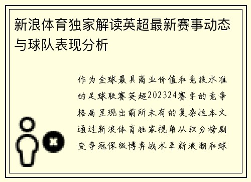 新浪体育独家解读英超最新赛事动态与球队表现分析